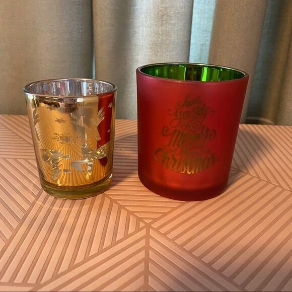 Style Life Candle Votive Holders Merry Christmas Reindeer Snowflake Set of 2 - Picture 1 of 7